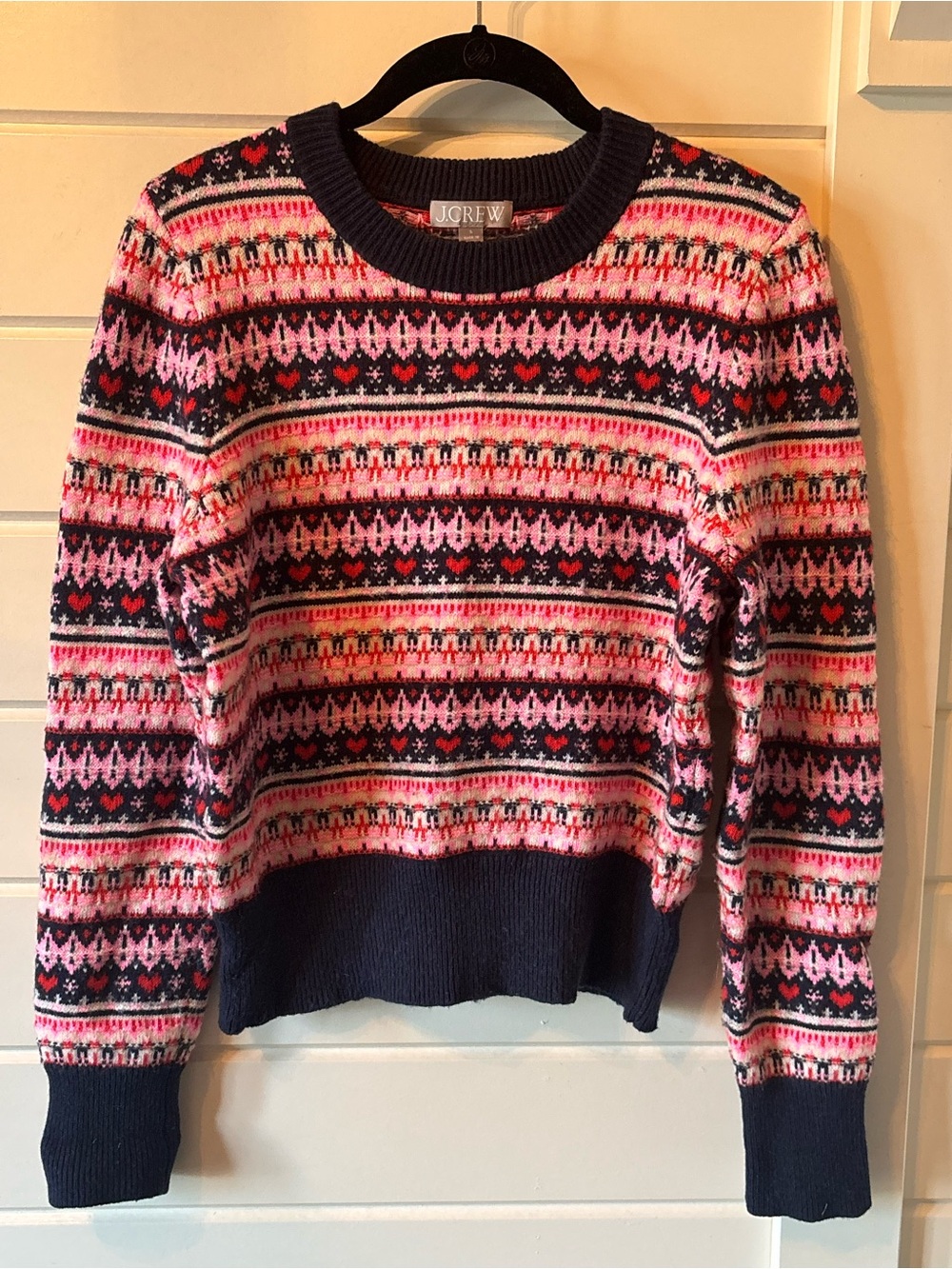 Rare J. Crew small Navy & Pink Fair Isle heart Crewneck Scandinavian Sweater